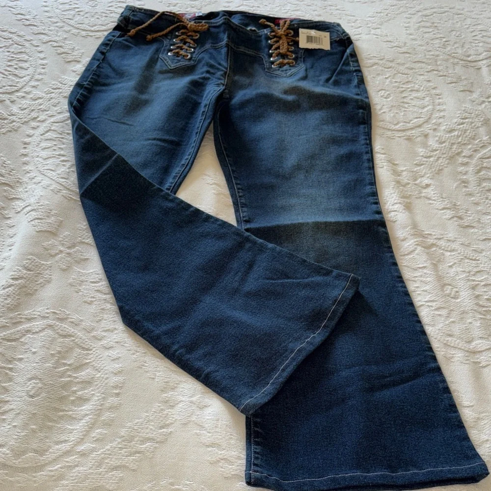 Guess Womenβs Dark Wash Lace-Up Front Jeans Pull Up Stretch Denim BNWT 34 - Picture 1 of 13